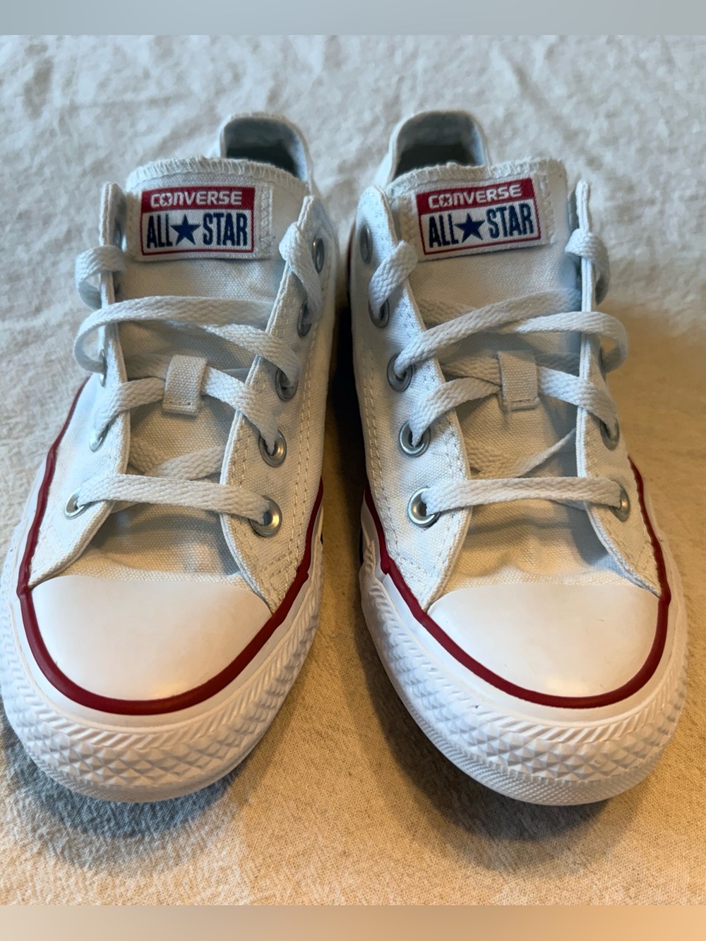 Converse White Low Top Sneakers with Red & Navy Trim - Picture 3 of 8